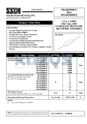 SDAH15000UF datasheet - 1.1 to 2 AMPS 2.5kV thru 25kV ULTRAFAST RECOVERY RECTIFIER ASSEMBLY