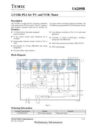 U6209B-GFPG3 datasheet - 1.3 GHz PLL for TV- and VCR- Tuner