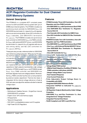 RT9644AGQV datasheet - ACPI Regulator/Controller for Dual Channel DDR Memory Systems