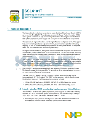 SSL4101T datasheet - GreenChip III SMPS control IC Frequency limitation to reduce switching losses.