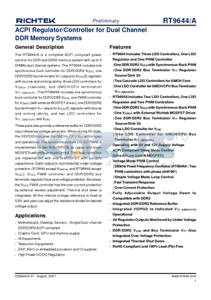 RT9644APQV datasheet - ACPI Regulator/Controller for Dual Channel DDR Memory Systems