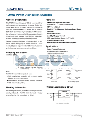 RT9701BGB datasheet - 100mY Power Distribution Switches