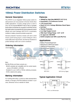 RT9701GBL datasheet - 100mY Power Distribution Switches