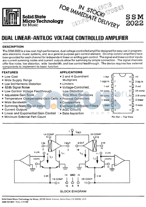 SSM-2022 datasheet - DUAL LINEAR ANTILOG VOLTAGE CONTROLLED AMPLIFIER