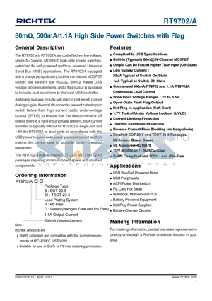 RT9702A datasheet - 80mY, 500mA/1.1A High Side Power Switches with Flag