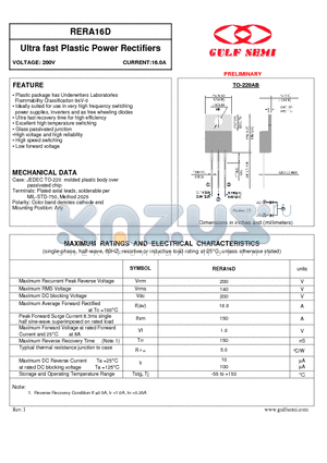 RERA16D datasheet - Ultra fast Plastic Power Rectifiers VOLTAGE: 200V CURRENT:16.0A