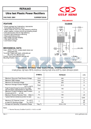 RERA20D datasheet - Ultra fast Plastic Power Rectifiers VOLTAGE: 200V CURRENT:20.0A