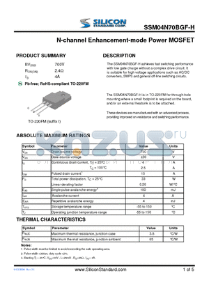 SSM04N70BGF-H datasheet - N-channel Enhancement-mode Power MOSFET