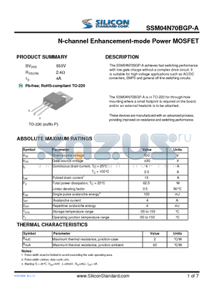 SSM04N70BGP-A datasheet - N-channel Enhancement-mode Power MOSFET