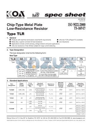 TLR3ADTE datasheet - Chip-Type Metal Plate Low-Resistance Resistor
