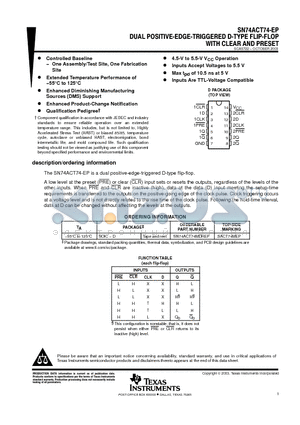 SN74ACT74MDREP datasheet - DUAL POSITIVE-EDGE-TRIGGERED D-TYPE FLIP-FLOP WITH CLEAR AND PRESET