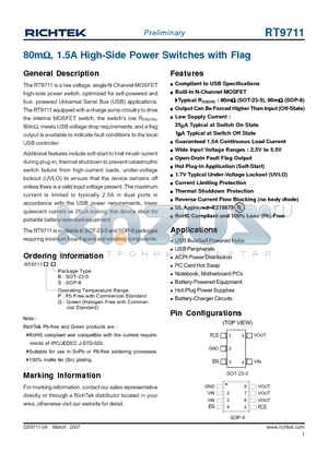 RT9711GS datasheet - 80mY, 1.5A High-Side Power Switches with Flag