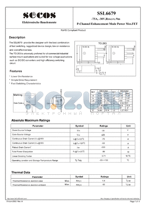 SSL6679 datasheet - P-Channel Enhancement Mode Power Mos.FET