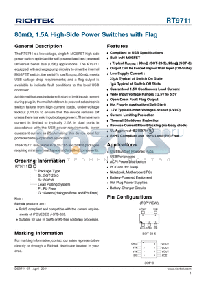 RT9711_11 datasheet - 80mY, 1.5A High-Side Power Switches with Flag