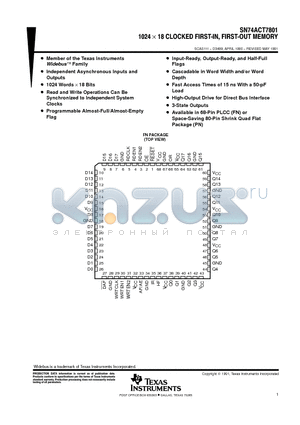 SN74ACT7801 datasheet - 1024x18 CLOCKED FIRST-IN, FIRST-OUT MEMORY