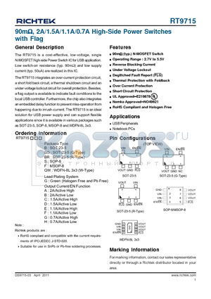 RT9715 datasheet - 90mY, 2A/1.5A/1.1A/0.7A High-Side Power Switches with Flag