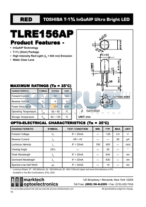 TLRE156AP datasheet - TOSHIBA T-1 3/4 InGaAIP Ultra Bright LED