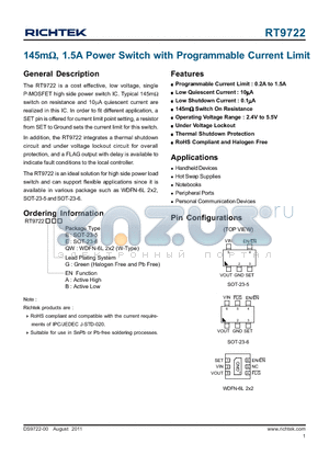 RT9722 datasheet - 145mY, 1.5A Power Switch with Programmable Current Limit