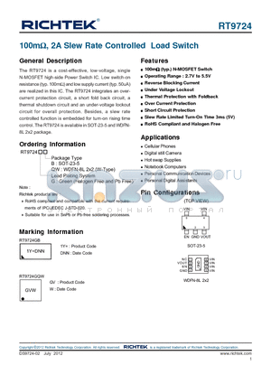 RT9724 datasheet - 100mY, 2A Slew Rate Controlled Load Switch