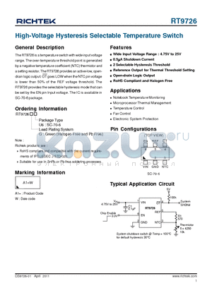 RT9726 datasheet - High-Voltage Hysteresis Selectable Temperature Switch