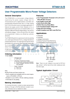 RT9801A datasheet - User Programmable Micro-Power Voltage Detectors