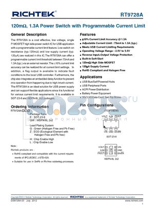 RT9728A datasheet - 120mY, 1.3A Power Switch with Programmable Current Limit