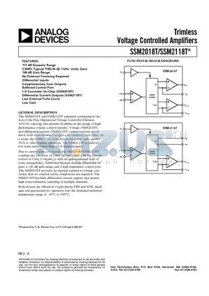 SSM2018 datasheet - Trimless Voltage Controlled Amplifiers