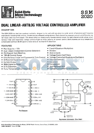 SSM2020 datasheet - DUAL LINEAR ANTILOG VOLTAGE CONTROLLED AMPLIFIER