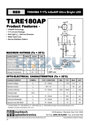 TLRE180 datasheet - TOSHIBA T-1 3/4 InGaAIP Ultra Bright LED