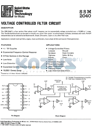 SSM2040 datasheet - VOLTAGE CONROLLED FILTER CIRCUIT