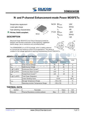 SSM2030GM datasheet - N- and P-channel Enhancement-mode Power MOSFETs