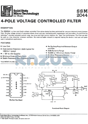 SSM2044 datasheet - 4 POLE VOLTAGE CONTROLLED FILTER