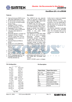 U630H16D1A25 datasheet - HardStore 2K x 8 nvSRAM