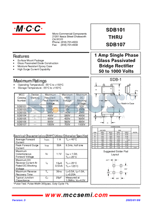 SDB101 datasheet - 1 Amp Single Phase Glass Passivated Bridge Rectifier 50 to 1000 Volts