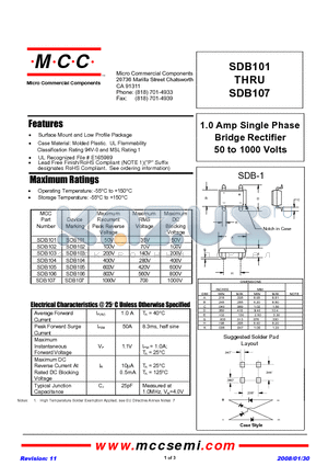 SDB101 datasheet - 1.0 Amp Single Phase Bridge Rectifier 50 to 1000 Volts
