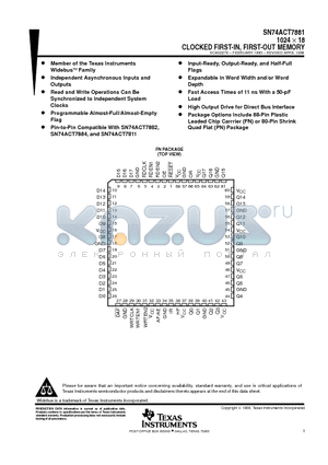 SN74ACT7881PN datasheet - 1024  18 CLOCKED FIRST-IN, FIRST-OUT MEMORY