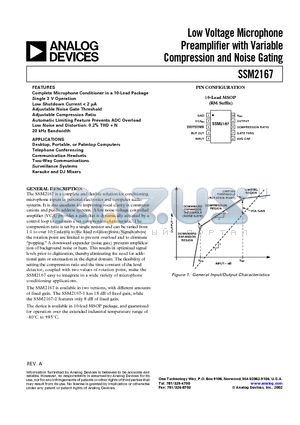 SSM2167-2RM-REEL datasheet - Low Voltage Microphone Preamplifier with Variable Compression and Noise Gating