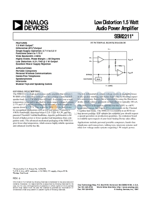 SSM2211 datasheet - Low Distortion 1.5 Watt Audio Power Amplifier