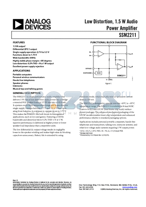 SSM2211 datasheet - Low Distortion, 1.5 W Audio Power Amplifier