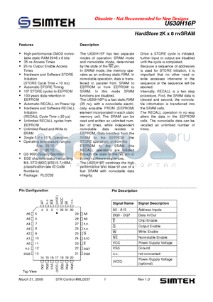 U630H16PK35 datasheet - HardStore 2K x 8 nvSRAM