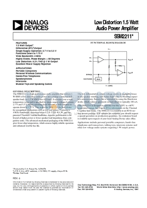 SSM2211S datasheet - Low Distortion 1.5 Watt Audio Power Amplifier