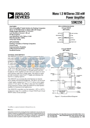 SSM2250 datasheet - Mono 1.5 W/Stereo 250 mW Power Amplifier