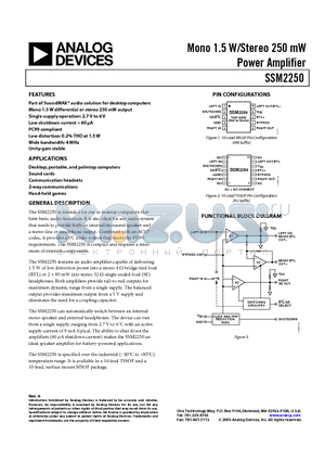 SSM2250 datasheet - Mono 1.5 W/Stereo 250 mW Power Amplifier