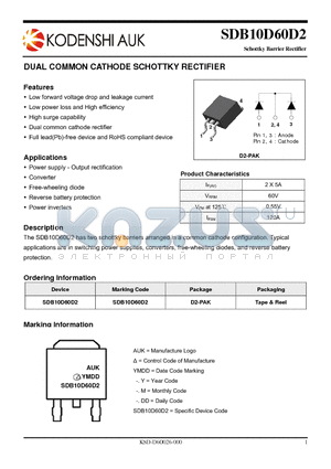 SDB10D60D2 datasheet - DUAL COMMON CATHODE SCHOTTKY RECTIFIER