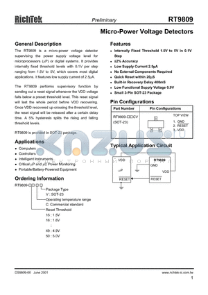 RT9809-49CV datasheet - MICRO POWER VOLTAGE DETECTORS