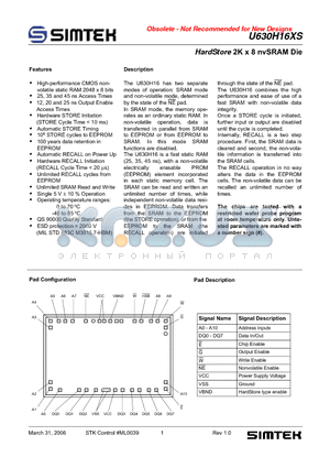 U630H16XSC25 datasheet - HardStore 2K x 8 nvSRAM Die