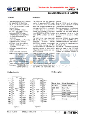 U631H16D1C35G1 datasheet - SimtekSoftStore 2K x 8 nvSRAM