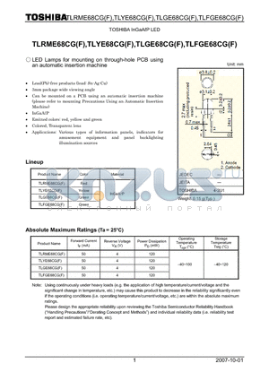 TLRME68CG datasheet - LED Lamps for mounting on through-hole PCB using an automatic insertion machine