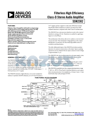 SSM2302CPZ-REEL7 datasheet - Filterless High Efficiency Class-D Stereo Audio Amplifier