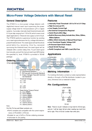 RT9816A-12CY datasheet - Micro-Power Voltage Detectors with Manual Reset